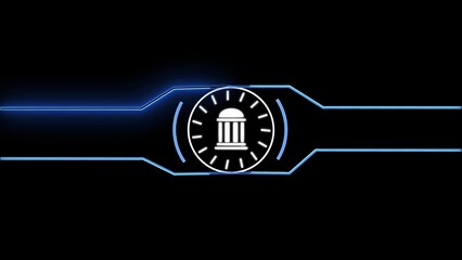  Neon bank security, person is holding a cell phone with a bank logo on it. Concept of financial security and the importance of managing one's finances icon