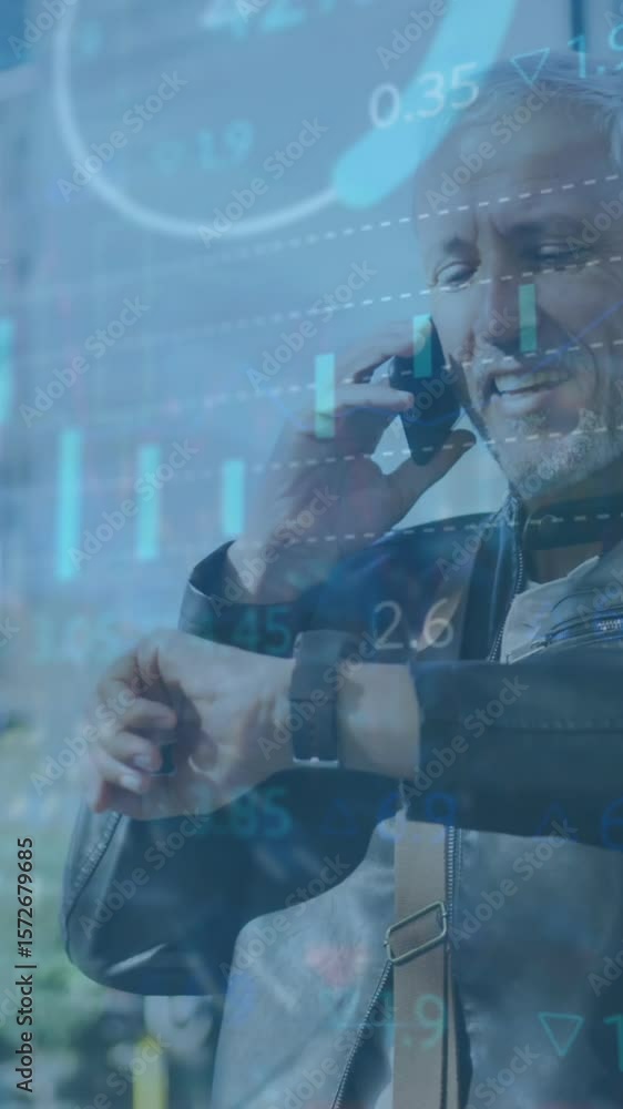 Poster animation of data processing over caucasian man using smartphone