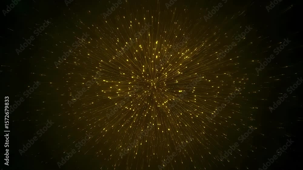 Poster golden particles are expanding from the center, creating an abstract background with a mesmerizing v