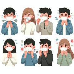 image of a young person sneezing with a medical mask in a simple and minimalist flat design using a white background