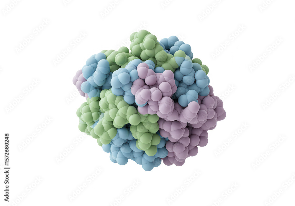 Poster a colorful molecular model represents the complex structure of a protein isolated on transparent bac