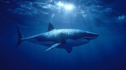 A Great White Shark Silhouetted Against the Sunlit Ocean