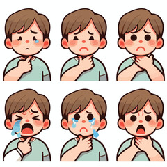 image of a small child crying while pointing to his throat with a simple and minimalist flat design using a white background