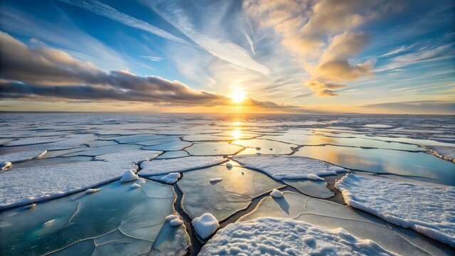 Photo of the sun dips below the horizon, casting a warm glow on a vast expanse of cracked sea ice, creating a mesmerizing reflection on the tranquil, icy waters