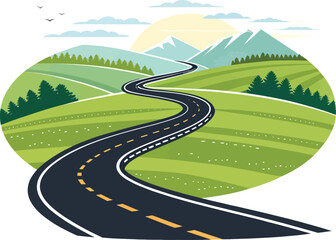 Curved Asphalt Road Winding Through Scenic Landscape