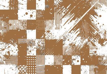 Abstract design featuring a dynamic arrangement of brown and white geometric textures, lines, and splatters, suitable for backgrounds, art projects, and contemporary styles.