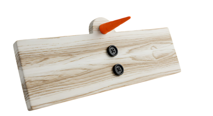 Charming wooden snowman decoration featuring classic button details and a carrot nose against a transparent backdrop.