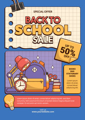 Back to school sale vector template background with school elements and items. Vector Illustration