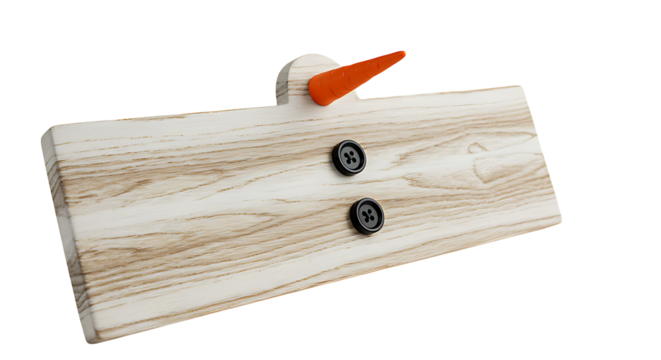 Charming wooden snowman decoration featuring classic button details and a carrot nose against a transparent backdrop.
