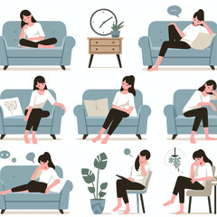 image of a person sitting listlessly on a sofa with a simple and minimalist flat design using a white background