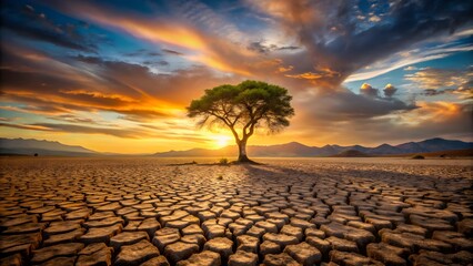 Photo of a solitary tree stands resiliently in the heart of a parched desert landscape, its silhouette stark against a vibrant sunset, the cracked earth reflecting the intense heat of the day