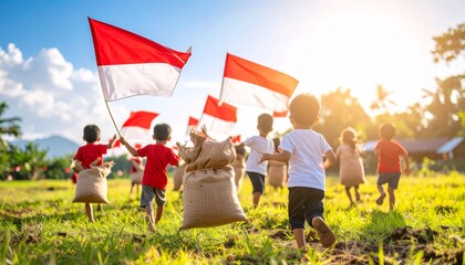 Group of children are running in a field with flags and bags. The flags are red and white