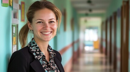 Cheerful professional woman smiling confidently in a school hallway, wearing a black blazer and patterned scarf, radiating positivity and approachability in an educational setting.