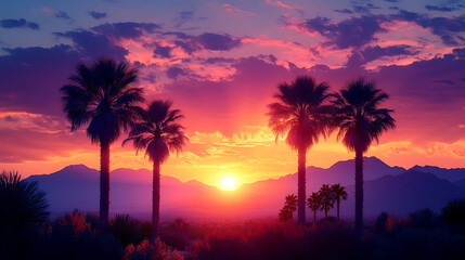 Illustration of palm trees at sunset with distant desert mountain range under blue sky and clouds, capturing tranquil Palm Springs, California evening atmosphere at nightfall. 51830426 4