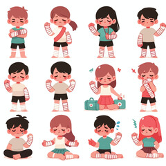 image of a child with a bandaged hand with a simple and minimalist flat design using a white background