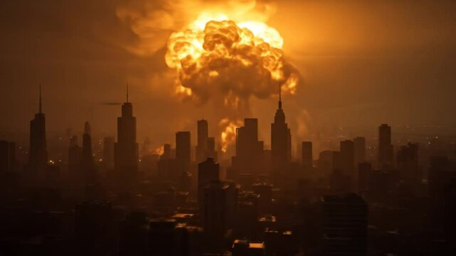Apocalyptic explosion over cityscape striking visual of a catastrophic event fictional urban setting dramatic skyline orange fireball illustrative vivid and powerful