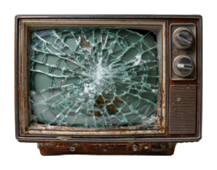 Broken vintage television home technology. Isolated on transparent background, png.