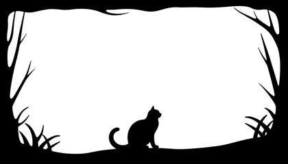 Silhouette Halloween frame with black cat, spooky border and superstition theme