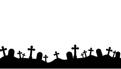Silhouette of gravestones and crosses, Halloween eerie graveyard scene copyspace