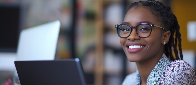 Young Woman With Glasses Smiling While Working on a Laptop in a Cozy Office Setting During the Afternoon