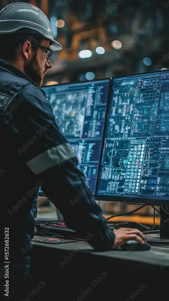 Poster amidst the roar of machines an engineer in a hard hat carefully inspects detailed digital data on a 
