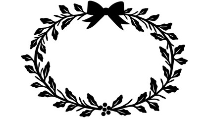 Silhouette of Christmas wreath frame with bow on white background, festive holiday decor