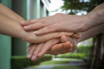 Teamwork Concept,Group of diversity people to greeting power tag team,Teamwork Join Hands...