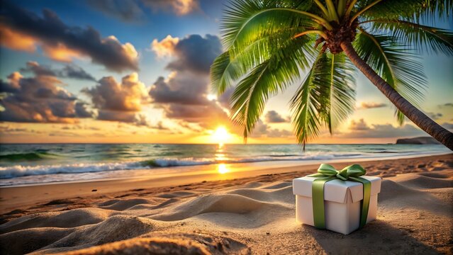 Photo of a white gift box with a green ribbon sits on a pristine sandy beach under a palm tree, as the sun sets over the tranquil ocean