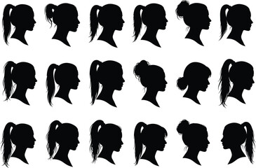 Collection of diverse female silhouettes with various hairstyles in profile view