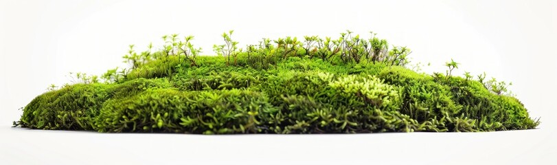 Lush greenery of natural moss hill creating a miniature landscape on white
