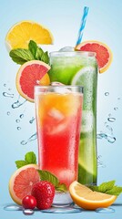 Refreshing summer cocktails with vibrant citrus fruits, cool mint leaves, and sparkling water droplets create a tantalizing beverage composition against a soft blue background