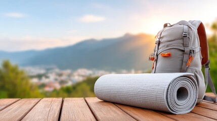 Adventure's Call: A close-up shot of a hiking backpack and rolled-up mat set against a beautiful scenic background, an invitation to explore the great outdoors and embrace the thrill of exploration.