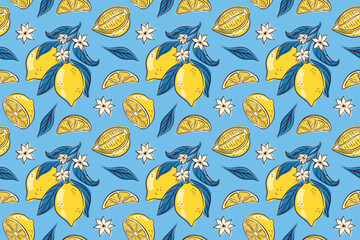 Seamless lemon pattern with whole, fruit slice, flower and leaf on a blue background in flat style. Perfect for summer citrus theme, natural food design, healthy lifestyle and tropical fresh concept.
