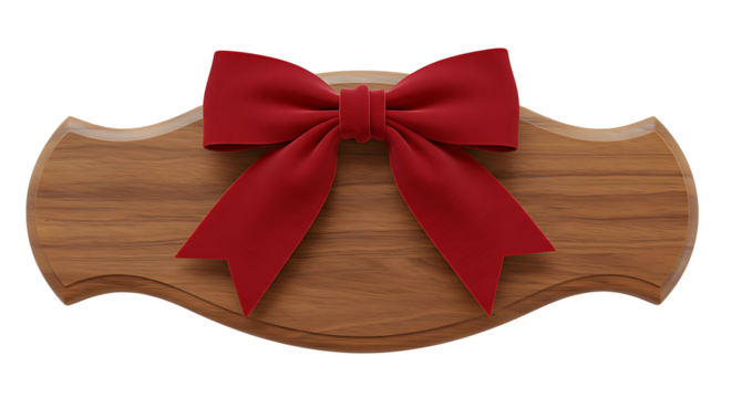 Charming wooden plaque adorned with a vibrant red bow on a transparent backdrop, perfect for seasonal designs or holiday greetings.