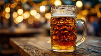 A refreshing pint of beer on a wooden table at a pub. AI Generative