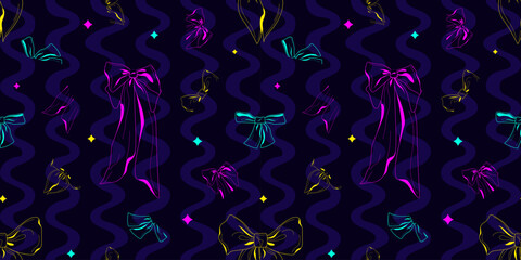 Vibrant seamless pattern with neon bows in cyberpunk style on a dark background. Perfect for fashion, tech-themed prints, digital decor, and party design.