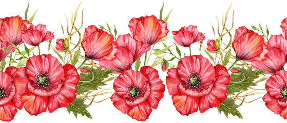 Seamless Poppy Garland with Flowers and Leaves. Botanical Seamless Horizontal  Background. Poppy Watercolor Illustration. Red Poppy Flower Design. Poppies garland seamless. Poppy Border Frame