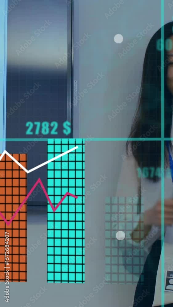 Poster animation of financial data processing over diverse colleagues having meeting in office
