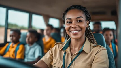 Smiling female school bus driver taking children to school. Safety and education. Young African American female driving a bus, happy schoolchildren are seen in the back. Public transport.