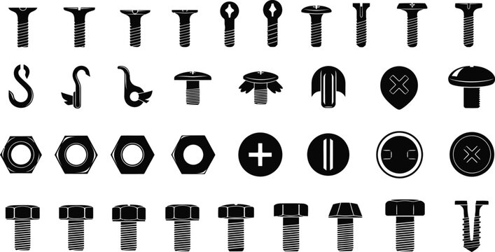 Collection of black silhouette icons representing various types of screws nuts and bolts