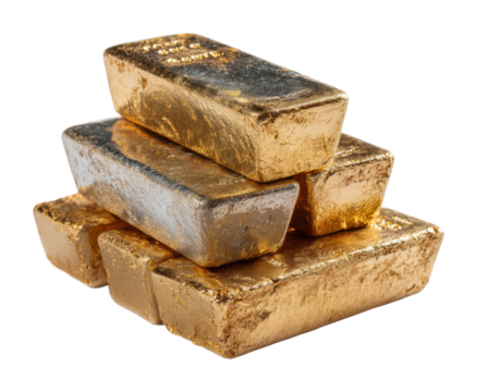 Gold bullion bars displayed in a precious metal showcase. Isolated on transparent background, png.