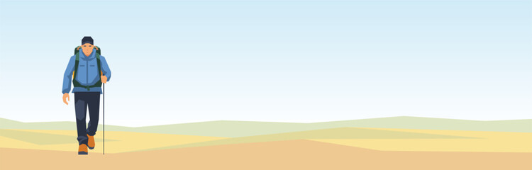 Hiker with backpack and walking stick traversing desert landscape. Vector illustration of a solo traveler on an adventure journey through arid terrain with rolling hills and minimalist design.
