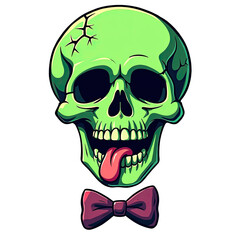 Playful green skull with tongue out and bow tie on black background, evoking a spooky yet humorous vibe ideal for Halloween or party themes.