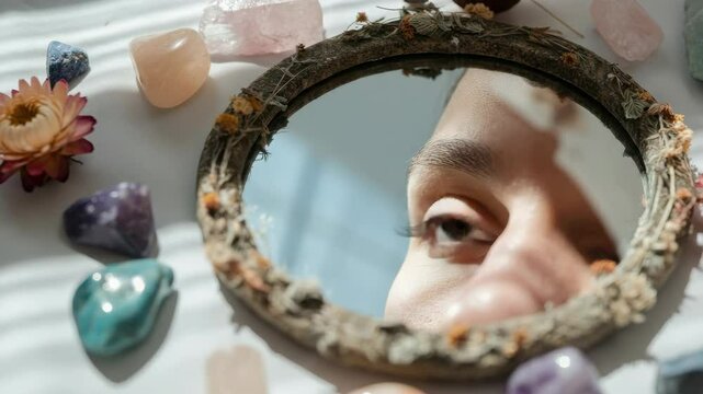 Close-up of eye in mirror surrounded by crystals representing self-reflection and holistic spirituality