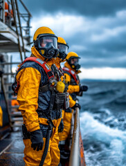 Obraz premium A group of divers in yellow protective suits stands on the deck, bracing against turbulent seas.