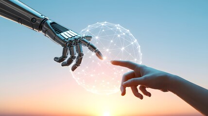 Human and robotic hands reaching toward digital sphere at sunrise, symbolizing AI synergy, technological connection, and the future of innovation
