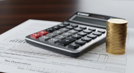 Calculator and Stacked Coins on Tax Document for Financial Planning
