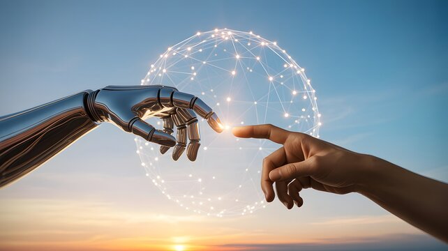 Human and robotic hands reaching toward digital sphere at sunrise, symbolizing AI synergy, technological connection, and the future of innovation
