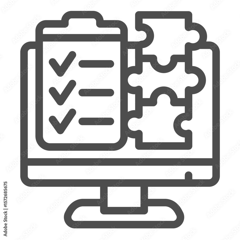 Poster monitor screen with checklist of puzzle pieces line icon, data hoarding concept. vector graphics. co