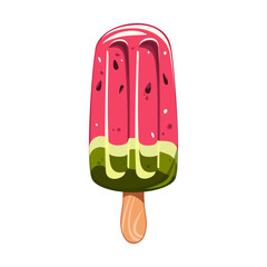 Watermelon ice cream, fruit popsicle on a wooden stick with watermelon pieces. Summer cold dessert, frozen juice, fruit ice. Ice cream with watermelon. Vector illustration.